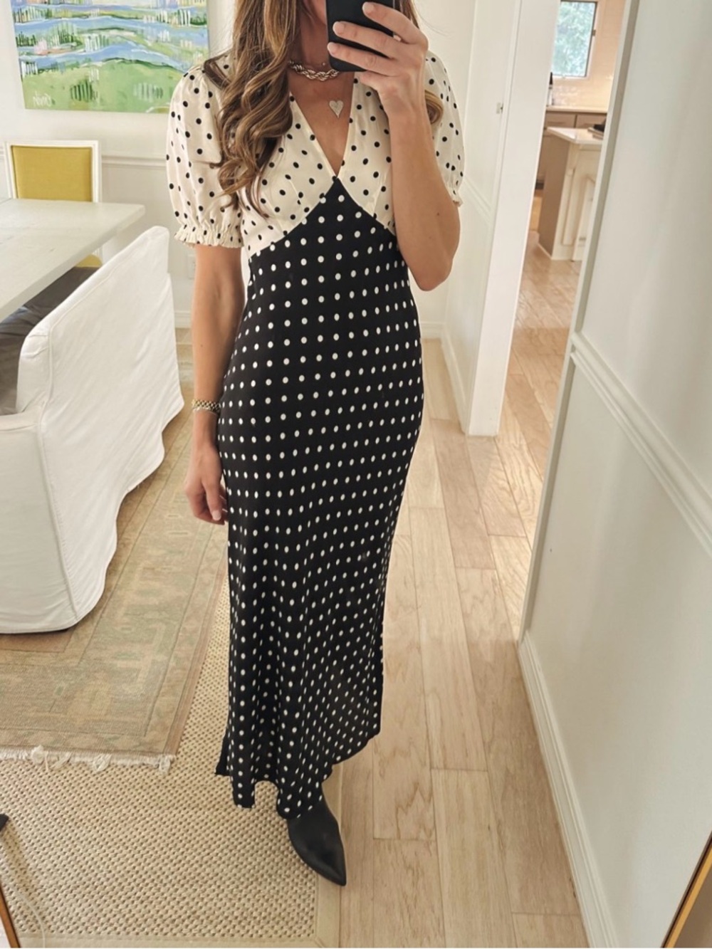 Polka Dot Faux Two-Piece Maxi Dress - Black & Cream